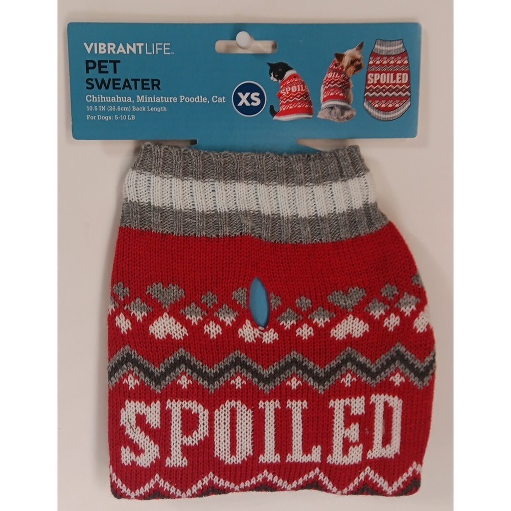Pet Sweater Spoiled XS Dog Cat Red Grey  10.5 Inch Back Length Vibrant Life READ